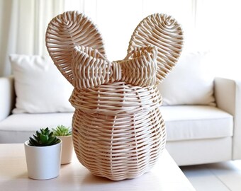 Handgemaakte rieten opbergmand met deksel en lint - decoratieve opberger 25 cm