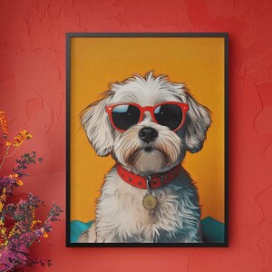 Funny Havanese Dog Wall Art, Fun Kid&#39;s Room Decor, Sunglasses Coffee Dog Art Print, Hipster Dog Dorm Bar Poster, Kitchen Art Print