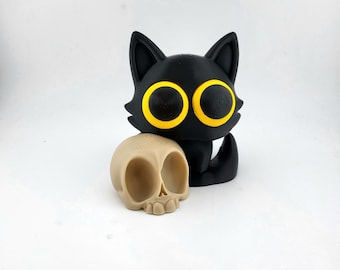 Desk Decor Black Cat with Skull Statue – 3D printed cat figurine, Halloween Gift