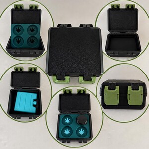May include: A black rectangular storage case with green latches, featuring a foam-lined interior. It includes a teal silicone insert with four leaf-shaped indentations, a solid black circular container, and a rectangular teal ice pack accessory.