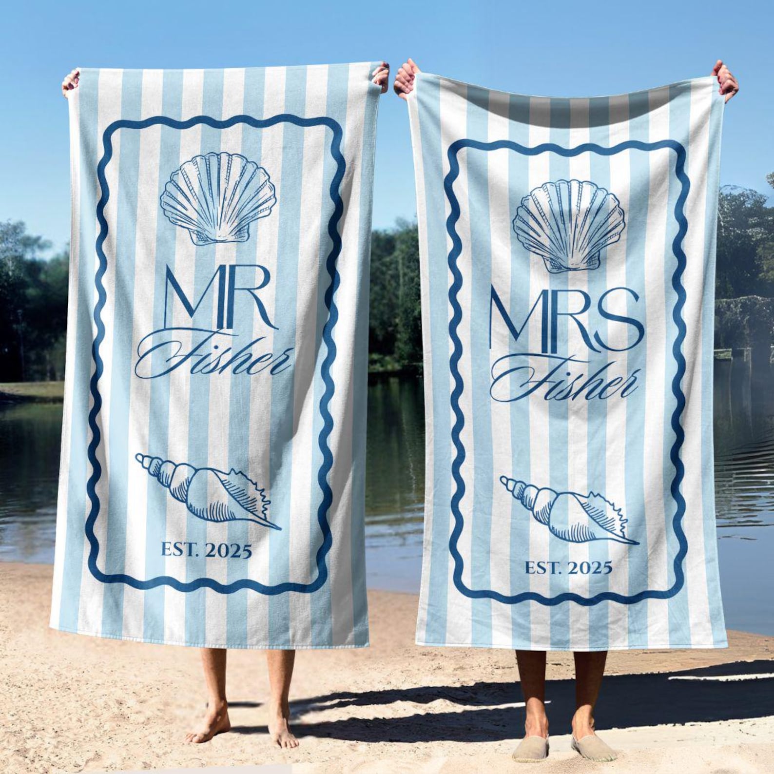 Mr and Mrs Beach Towel Premium Custom Couple Honeymoon Beach Towel Preppy Seashell Last Name Wedding Gift Groom & Bride Towel - MRS Beach Towel, Blue