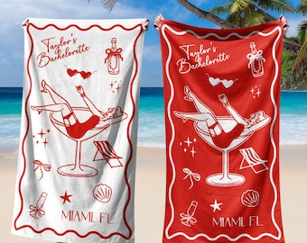 Bachelorette Strandtuch Küstenbrautparty-Preppy Pool-Handtuch Benutzerdefinierte Lage und Name Stilvolles Retro-Handtuch Henne-Strandreise