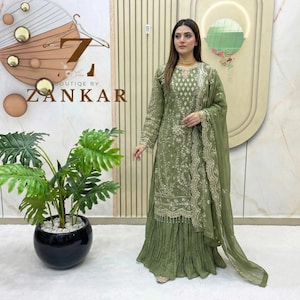 Sequin Embroidered Georgette Kurta Palazzo Suit, Pakistani 3-Piece Set