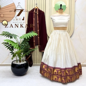 Designer Cotton Silk Half Saree Lehenga Set South Indian Lehenga skirt Pavadai lengha Onam Outfit Indian Wedding Dress elephant Design Dress