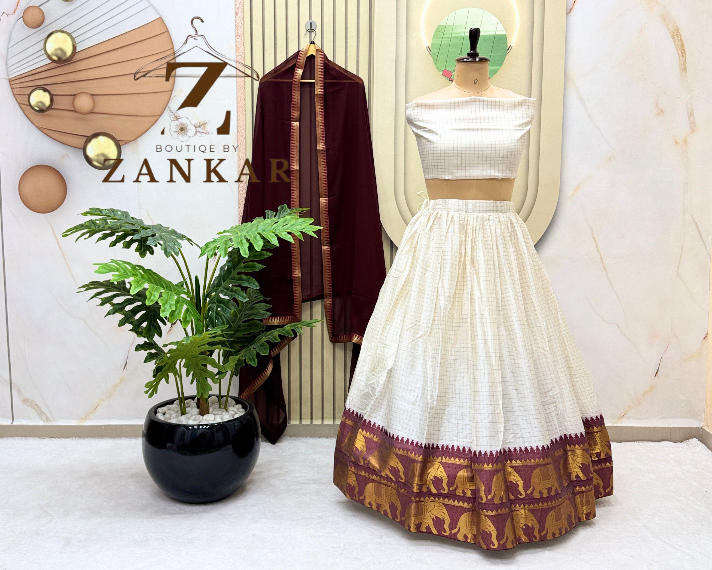 Designer Cotton Silk Half Saree Lehenga Set South Indian Lehenga skirt Pavadai lengha Onam Outfit Indian Wedding Dress elephant Design Dress