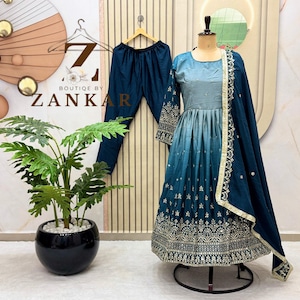 Blue Anarkali gown Pakistani Designer salwar kameez indian Wedding Gown 3pc Set Ready to wear gown Sequence Embroidered anarkali suit