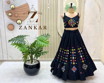 Black Navratri Lehenga Choli Pure Khadi Cotton Chaniya Choli Heavy Kutchhi Gamthi Real Mirror Work Garba Dress Ready to Wear Garba Lehenga