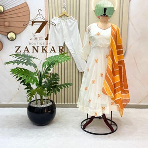 White Anarkali Dress For women Floral embroidery Work Gown with yellow Dupatta Georgette Anarkali suit Festive Wedding Wear Anarkali maxi