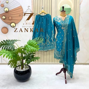 Beautiful Chinnon Silk Kurta Palazzo set Pakistani Designer Ethnic Wear 3 Pcs Set gharara suit With Heavy Sequins Embroidered Salwar suit