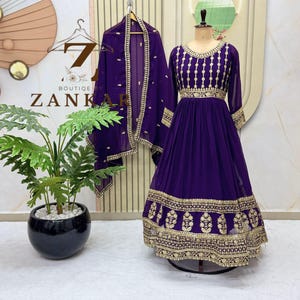 Purple Georgette Anarkali Gown Indian Wedding Party Wear Gown Dress For Women Pakistani Gown Full Stitched Long Gown Designer Long Dress