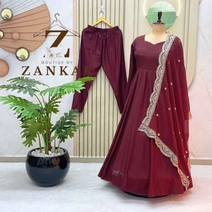 Indian Wedding Wear Maroon Anarkali Gown With Dupatta 3pc Readymade Gown Flared gown Partywear anarkali Wedding sangeet reception gown