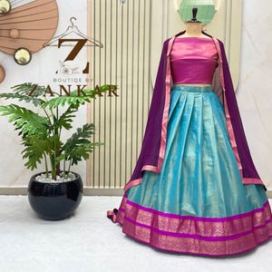 Sky Blue Kanchipuram lehenga Half Saree Lehenga Set South Indian Lehenga skirt Pavadai lengha Indian Wedding Dress Traditional lehenga