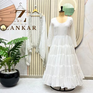 White Anarkali Gown With Dupatta Set 15Mtr 5 layer Flair gown Indian Wedding Dress Long Flared Dress Bridesmaid Dress Designer Long Gown