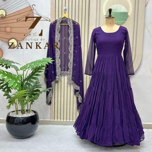 Purple Anarkali Gown With Dupatta Set 15Mtr 5 layer Flair gown Indian Wedding Dress Long Flared Dress Bridesmaid Dress Designer Long Gown