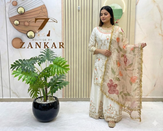White Kurti Plazzo Dupatta Set: Ready To Wear Indian Pakistani Suit Indian dress Gharara