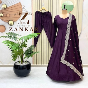 Indian Wedding Wear Wine Anarkali Gown With Dupatta 3pc Readymade Gown Flared gown Partywear anarkali Wedding sangeet reception gown