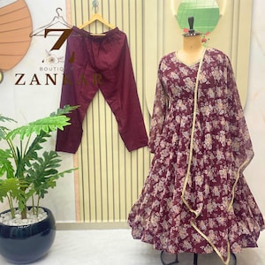 Designer Anarkali Dress For women Maroon Gown Party wear anarkali indian Wedding Wear Flared gown Readymade dress Floral Gown 3pc suit