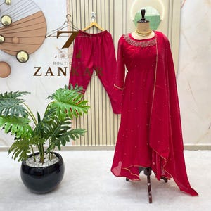 Red Anarkali Designer Gown Ready to Wear gown Maggan work Rakhi Outfit Festival Wear gown Indian Traditional Dress 3pc Salwar Suit Moti Work