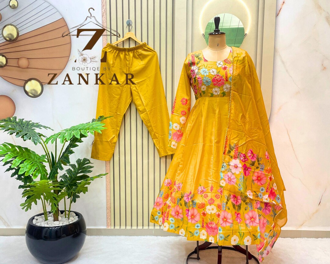 Bridesmaid Wear Aqua Floral Silk Floor Length Indian Anarkali Party Gown main image 0