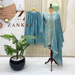 Beautiful Chinnon Silk Kurta Palazzo set Pakistani Designer Ethnic Wear 3 Pcs Set gharara suit With Heavy Sequins Embroidered Salwar suit