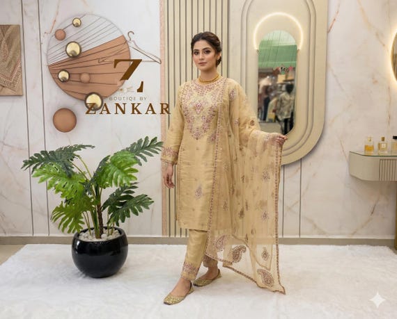 Beige Gold Embroidered Pakistani Salwar Suit Indian Wedding Guest Kurta Pant Dupatta Party Wear