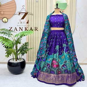 Lila Designer Kalamkari Lehenga Choli Indisches Hochzeitskleid Tussar Silk Lehenga für Frauen Partywear lehenga Traditionelles Outfit half Saree