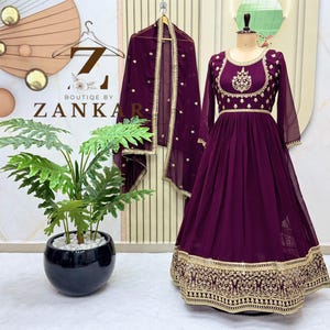 Wine Georgette Anarkali Gown Indian Wedding Party Wear Gown Dress For Women Pakistani Gown Full Stitched Long Gown Designer Long Dress