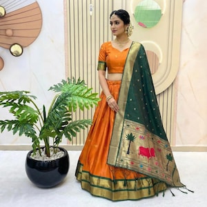 green paithani dress Hanshmukti Paithani Silk Anarkali Dress in Peach with Dupatta L / Pink main image 1