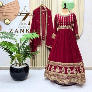 Maroon Georgette Anarkali Gown Indian Wedding Party Wear Gown Dress For Women Pakistani Gown Full Stitched Long Gown Designer Long Dress