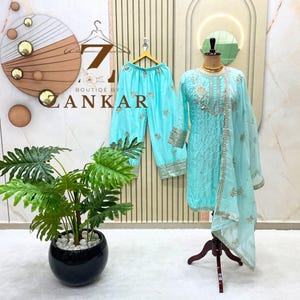 Beautiful Chinnon Silk Kurta Palazzo set Pakistani Designer Ethnic Wear 3 Pcs Set gharara suit With Heavy Sequins Embroidered Salwar suit