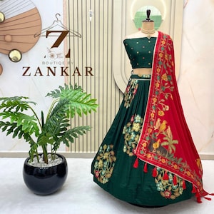 Indischer Designer Floral Lehenga choli TussarSilk Hochzeit lehenga für Frauen Heiratseingang Grün lehenga kalamkari lehenga indisches Outfit
