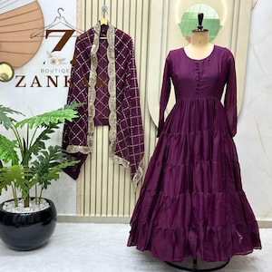 Designer Anarkali Gown Party wear Anarkali 15mtr Long Flared Gown with dupatta 5 layer Frill Gown Indian Wedding Dress Full Stitched Gown