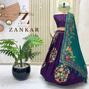 Indische Designer Floral Lehenga choli TussarSilk Hochzeit lehenga für Frauen Ehe Aufnahme Lila lehenga kalamkari lehenga Indian Outfit