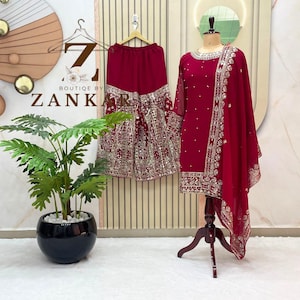 Kurta Sharara Suit For women Embroidered Sharara Suit Indian Pakistani Ethnic Wedding Wear Suit Partywear Sarara Suit Readymade Dress