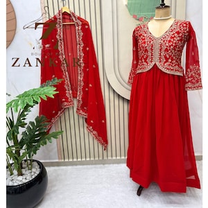 Red Designer anarkali gown For Women Readymade Long gown with dupatta set Full Stitched Gown  Indian Wedding Wear Suit Partywear Dress