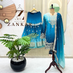 Elegante conjunto Sharara de diseñador pakistaní de dos tonos, confeccionado, hermoso traje sharara de 3 piezas para fiesta o boda, listo para usar.