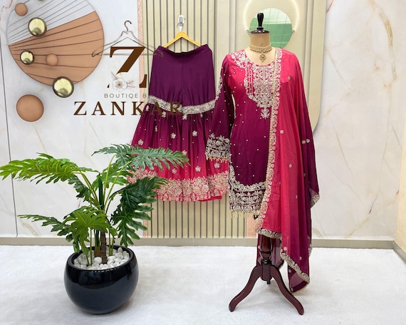 Designer Black Sharara Suit: Embroidered Pakistani Salwar Kameez, Dupatta 3pc Set