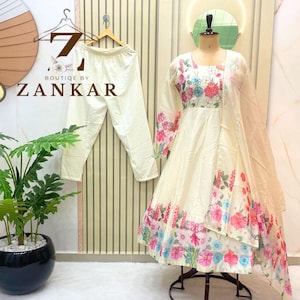 Floral Anarkali Dresses for women anarkali suit Soft Organza Gown Off White Indian Wedding Dress party wear gown Full Stitched Flared Gown