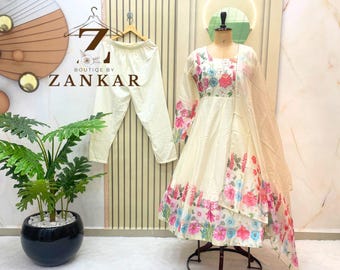Floral Anarkali Dresses for women anarkali suit Soft Organza Gown Off White Indian Wedding Dress party wear gown Full Stitched Flared Gown