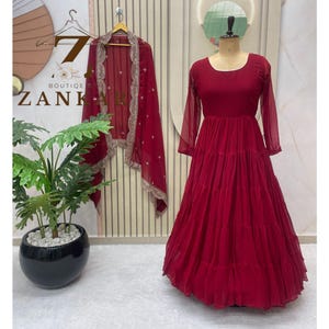 Maroon Anarkali Gown With Dupatta Set 15Mtr 5 layer Flair gown Indian Wedding Dress Long Flared Dress Bridesmaid Dress Designer Long Gown