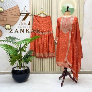 Orange Sharara Suit For women Sequin Embroidered Sharara Suit, Indian Pakistani Ethnic Wedding Wear Suit Partywear Sarara Readymade Dress