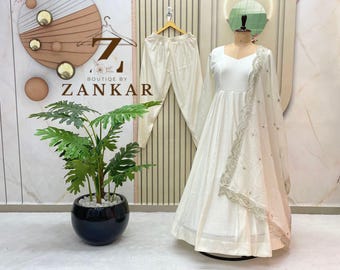 Indian Wedding Wear Off White Anarkali Gown With Dupatta 3pc Readymade Gown Flared gown Partywear anarkali Wedding sangeet reception gown
