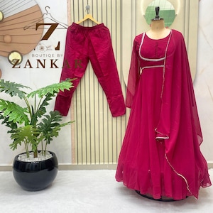 Pink Anarkali Gown With Dupatta Set Full Flair gown Indian Wedding Dress Long Flared Dress Bridesmaid Dress Designer padded Georgette Gown