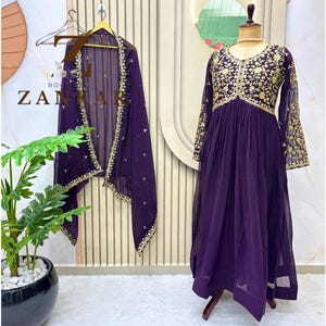 Purple Designer anarkali gown For Women Readymade Long gown with dupatta set Full Stitched Gown  Indian Wedding Wear Suit 2pcPartywear Dress