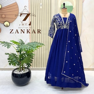 Blue Anarkali gown dupatta 3pc set Fancy Neck gown Wedding Gown partywear Pakistani gown Long Kurti Indian Wedding Wear Suit Partywear Dress