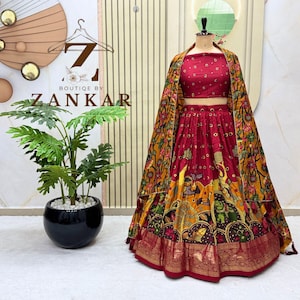 Rot Designer Kalamkari Lehenga Choli Indisches Hochzeitskleid Tussar Seide Lehenga für Frauen Partywear Lehenga Traditionelles Outfit half Saree