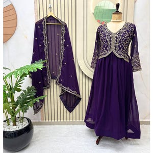 Purple Designer anarkali gown For Women Readymade Long gown with dupatta set Full Stitched Gown  Indian Wedding Wear Suit Partywear Dress