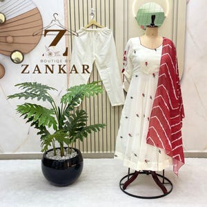 White Anarkali Dress For women Floral embroidery Work Gown with Red Dupatta Georgette Anarkali suit Festive Wedding Wear Anarkali maxi