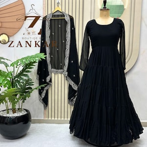 Black Anarkali Gown With Dupatta Set 15Mtr 5 layer Flair gown Indian Wedding Dress Long Flared Dress Bridesmaid Dress Designer Long Gown