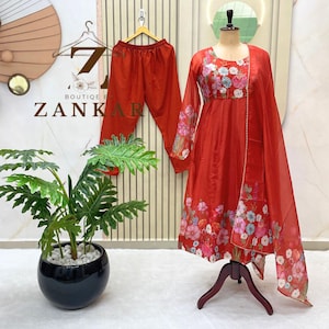 Floral Anarkali Dresses for women anarkali suit Soft Organza Gown Red Indian Wedding Dress party wear gown Full Stitched Flared Gown